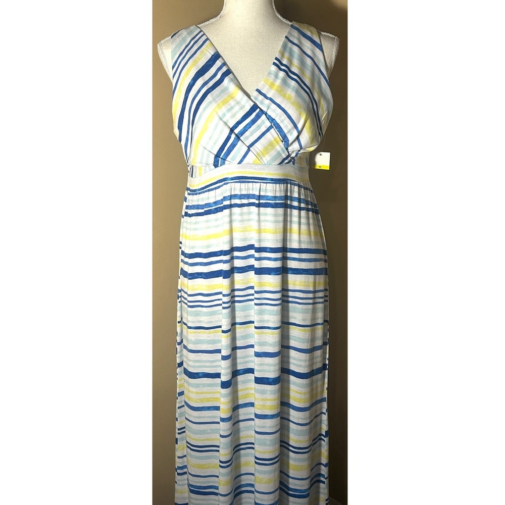 NEW Size M Kim Rogers Blue Palm Springs Stripe V-neck Stretch Pleated Maxi Dress